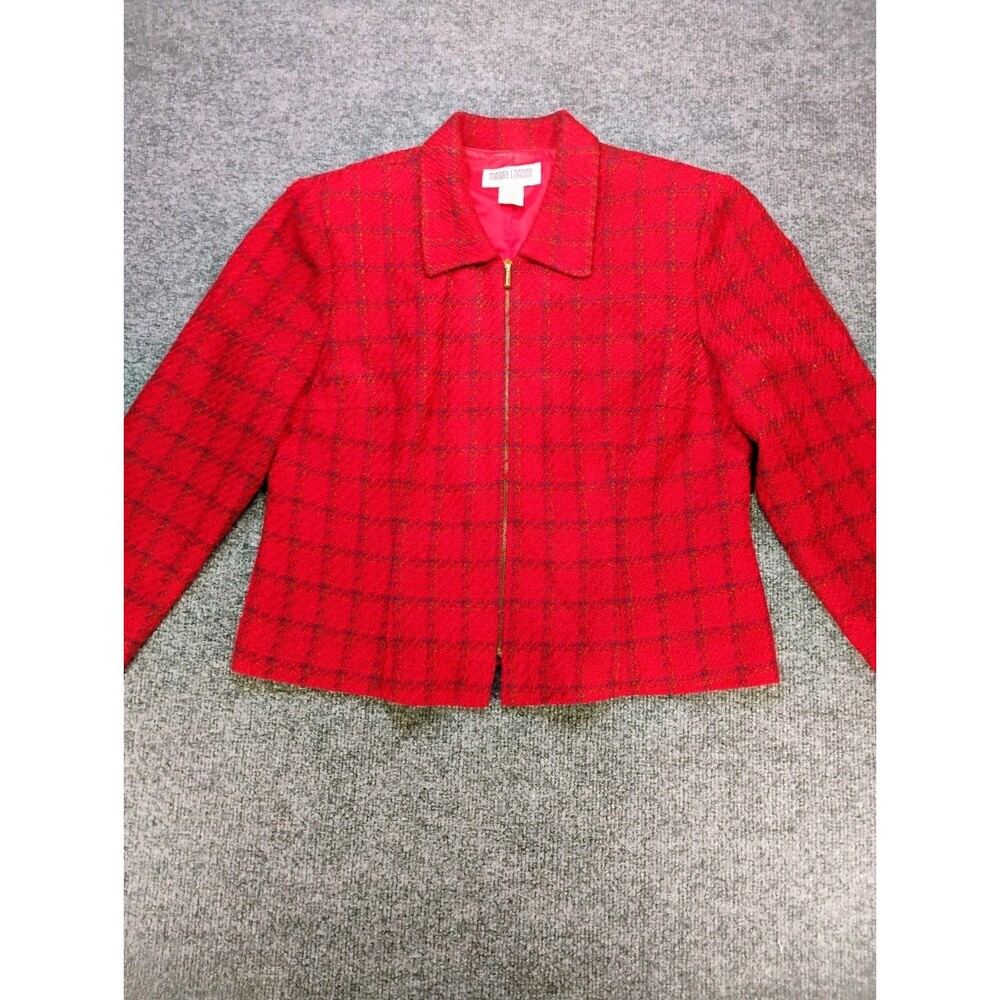 Vintage Maggie London Red Tweed Skirt Suit Set Womens Small Plaid Boucle USA